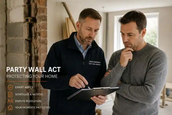 Party wall surveyor Wokingham discussing extension plans with homeowner outside a UK semi-detached house.